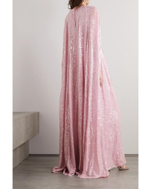Erdem Pink Kenley Cape-Effect Gathered Sequined Chiffon Gown