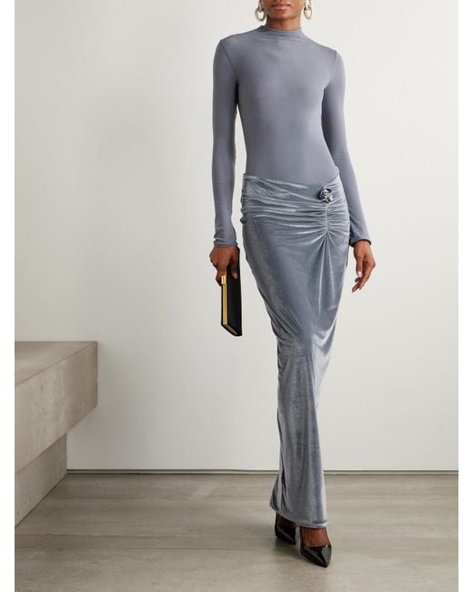 Maygel Coronel Gray Borelli Appliquéd Gathered Open-Back Jersey-Trimmed Velvet Maxi Dress