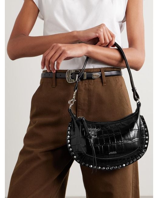 Isabel Marant Black Oskan Moon Schultertasche Aus Lackleder Mit Krokodileffekt Und Verzierungen