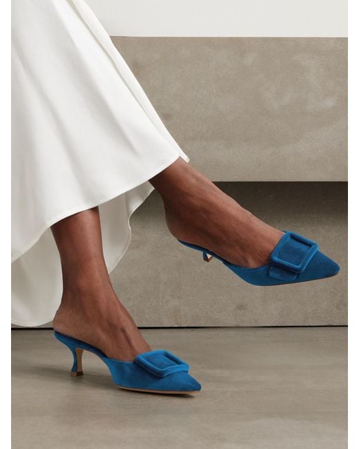 Manolo Blahnik Blue Maysale 50 Mules Aus Samt Mit Schnalle