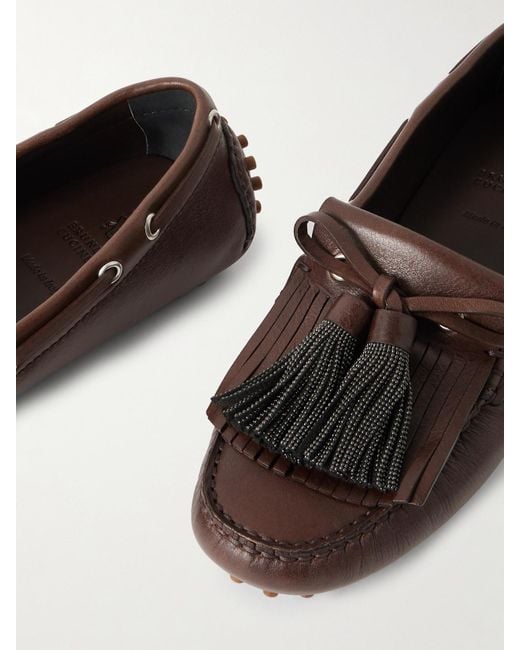Brunello Cucinelli Brown Tasseled Fringed Bead-Embellished Leather Loafers