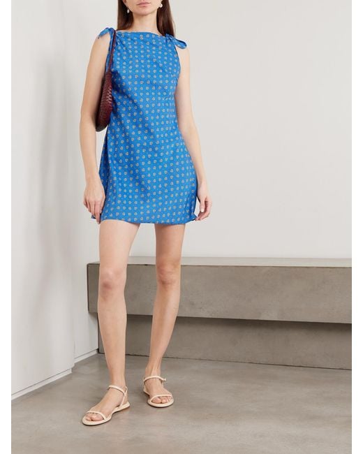 Doen Blue Maltina Tie-Detailed Printed Cotton And Silk-Blend Mini Dress