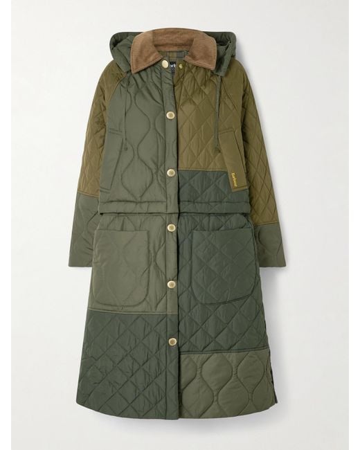 Barbour Green Lilian Hooded Convertible Corduroy-Trimmed Quilted Recycled-Shell Coat