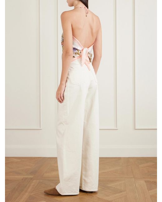 Etro White Floral-Print Silk-Voile Halterneck Top