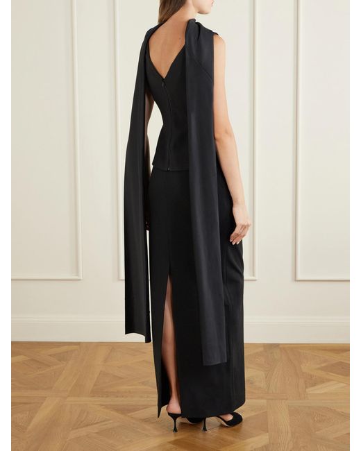 Solace London Black Annie Scarf-Detailed Satin-Trimmed Crepe Gown