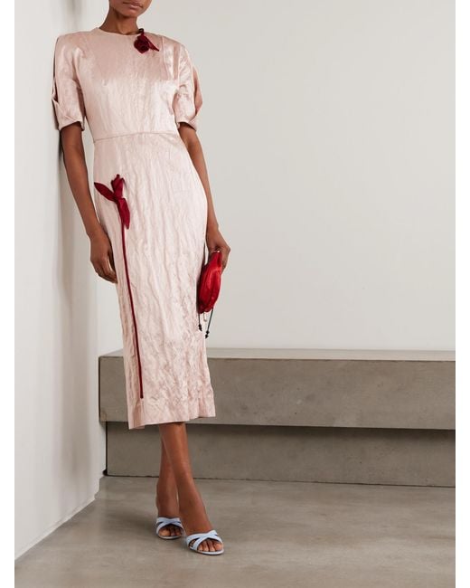 Erdem Pink Tulip Appliqué Crinkled Metallic Satin Gown