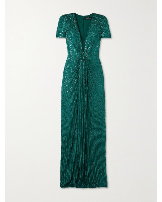 Jenny Packham Green Momoka Embellished Sequined Tulle Gown