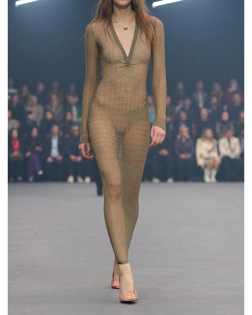 Valentino Garavani Natural Metallic Pointelle-Knit Midi Dress