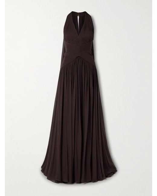Elie Saab Brown Cape-Effect Gathered Silk-Georgette Gown