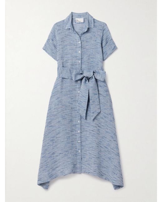 Lisa Marie Fernandez Blue Belted Linen-Blend Tweed Midi Shirt Dress