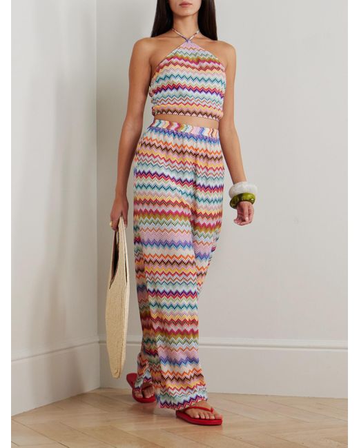 Missoni White Mare Striped Metallic Crochet-Knit Wide-Leg Pants
