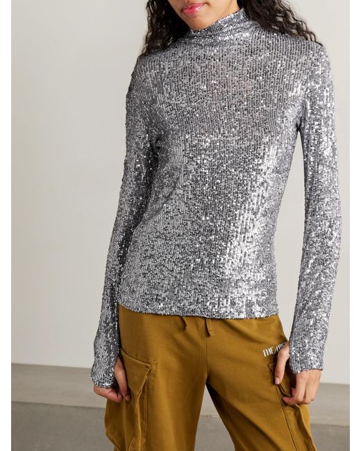 Rabanne Gray Sequined Tulle Turtleneck Top