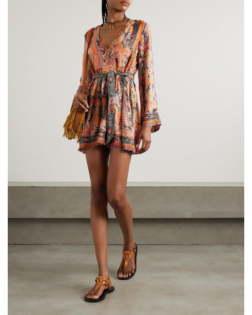 Isabel Marant Orange Morgane Minikleid Aus Seidenchiffon Mit Paisley-Print, Ösen Und Bindegürtel