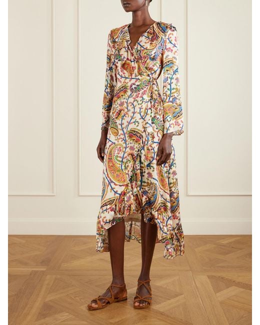 Etro White Asymmetric Ruffled Paisley-Print Silk Wrap Dress