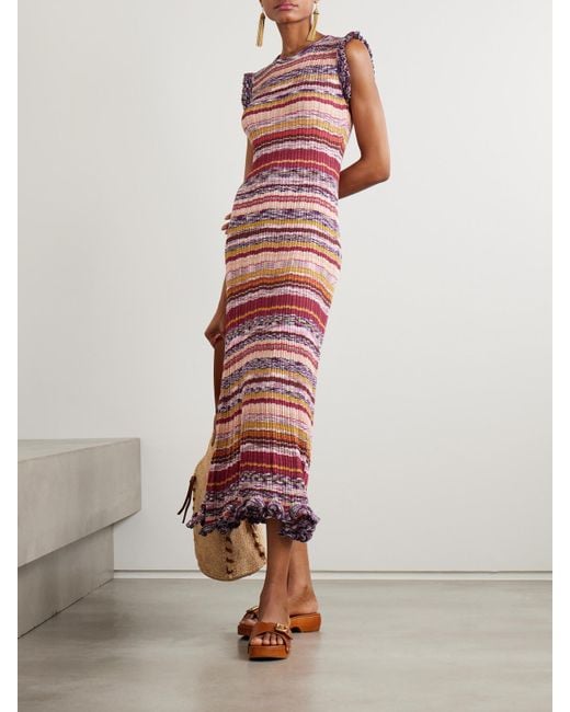 Ulla Johnson Red Ajak Midikleid Aus Gestreiftem Rippstrick Mit Rüschen