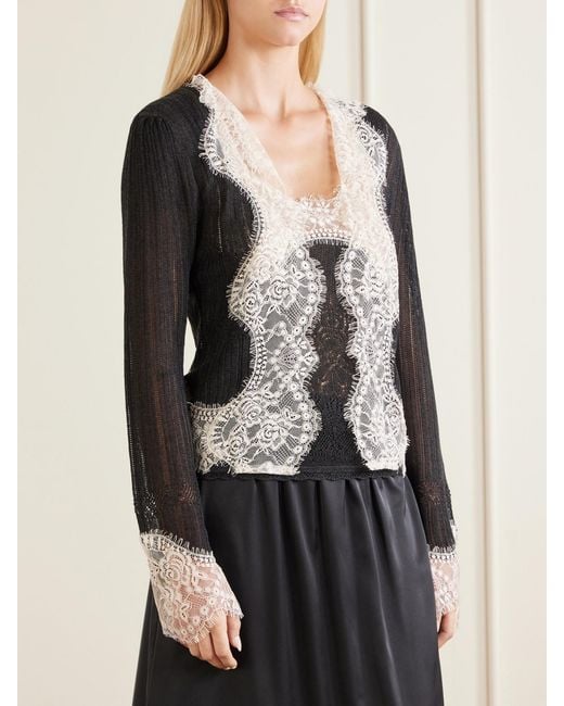 Anna Sui Black Lace-Trimmed Jersey Cardigan