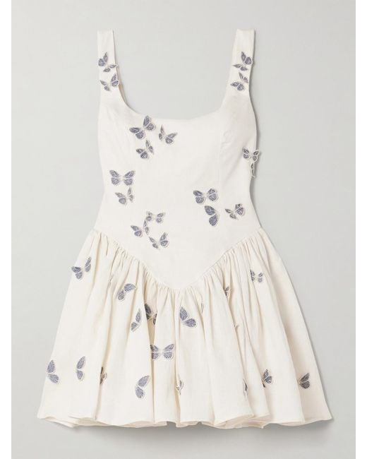 Agua Bendita Natural Pluma Lymanopoda Appliquéd Gathered Linen Mini Dress