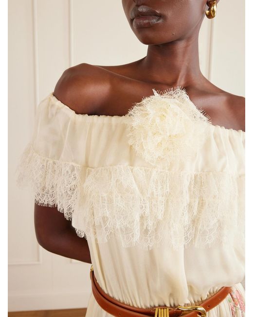 Etro Natural Off-The-Shoulder Lace-Trimmed Floral-Print Silk-Chiffon Maxi Dress