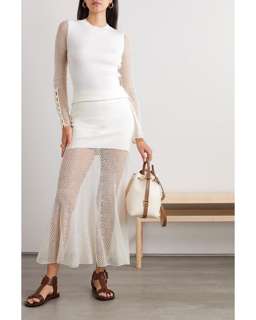 Chloé White Ribbed Wool-Blend And Pointelle-Knit Linen-Blend Top