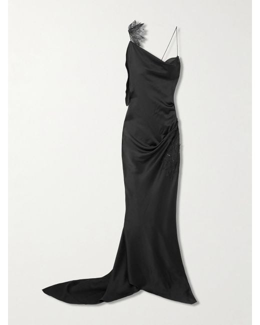 Victoria Beckham Black Asymmetric Draped Sequin-Embellished Lace-Trimmed Satin Gown