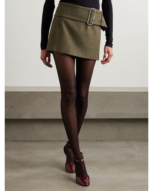 Ferragamo Green Belted Wool-Tweed Mini Skirt