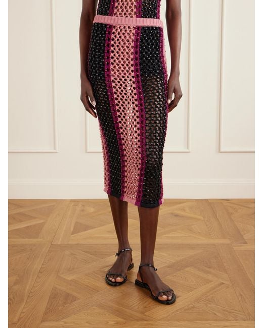 DIOTIMA Red Spice Crystal-Embellished Striped Crocheted Cotton-Blend Midi Skirt