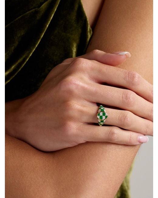 Yvonne Léon Green Baby Chevalière Marquise 9-Karat And, Enamel And Diamond Signet Ring