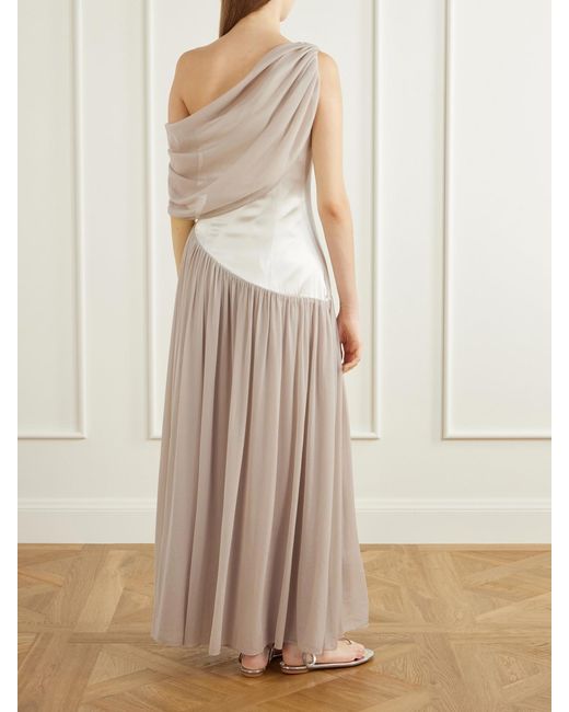 Abadia Natural Gwyneth Asymmetric Draped Satin-Trimmed Gerogette Gown
