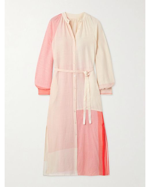 Lemlem Pink Makeda Belted Color-Block Cotton-Blend Maxi Shirt Dress