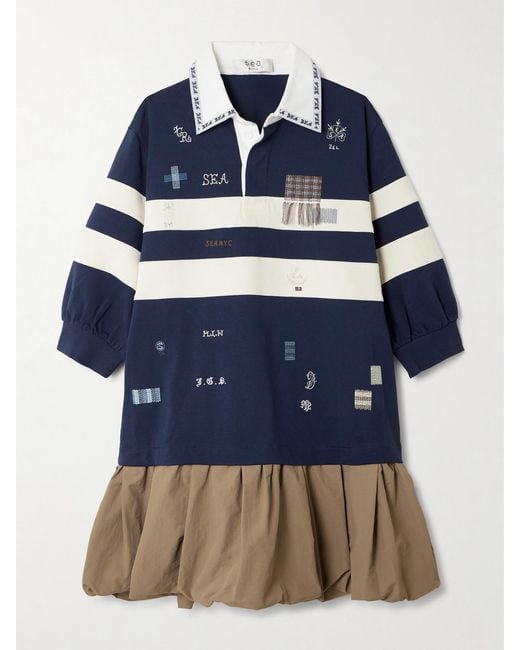 Sea Blue Claira Embroidered Appliquéd Cotton-Jersey And Taffeta Mini Dress