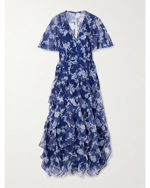 Carolina Herrera Blue Midikleid Aus Seidenkrepon Mit Blumenprint, Rüschen Und Cape-Effekt