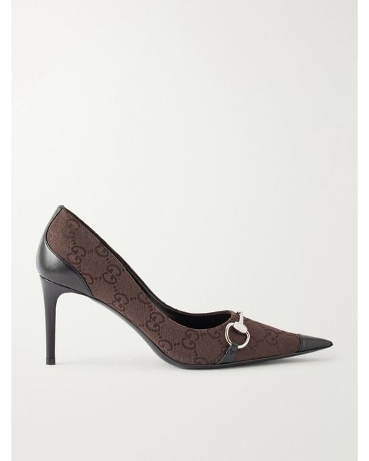 Gucci Brown Donna Leather-Trimmed Canvas-Jacquard Pumps