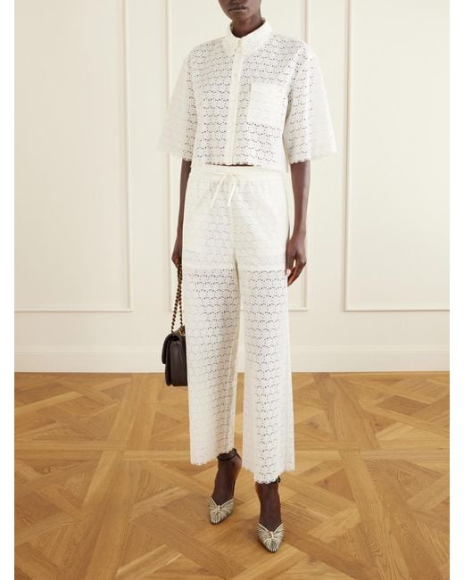 Valentino Garavani White Mossi Broderie Anglaise Cotton Straight-Leg Pants