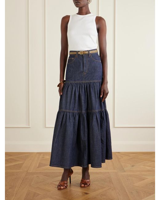 Saint Laurent Blue Tiered Denim Maxi Skirt