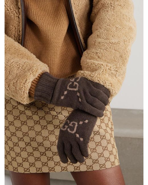 Gucci Brown Intarsia-Knit Cashmere Gloves
