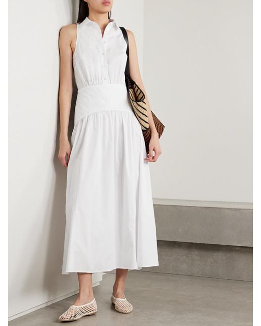 Staud White Romy Gathered Cotton-Blend Poplin Maxi Dress