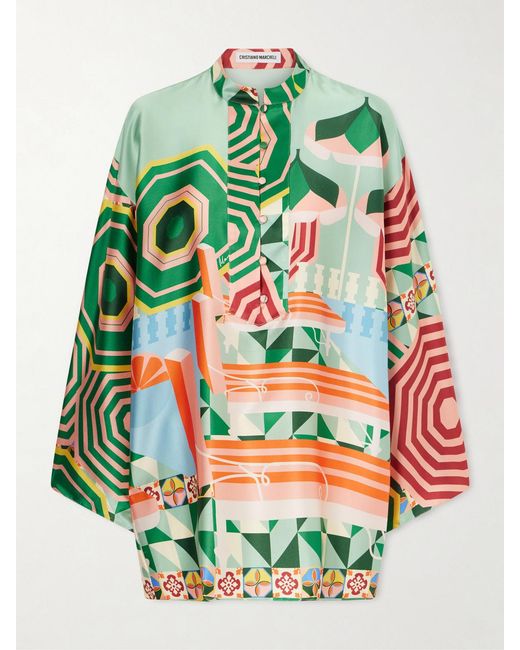 Christiano Marchelli Green Maria Printed Silk-Blend Satin Coverup