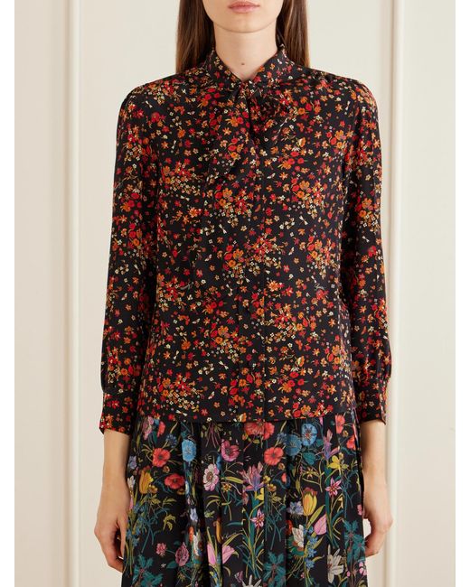 Gucci Red Floral-Print Silk-Crepe Shirt