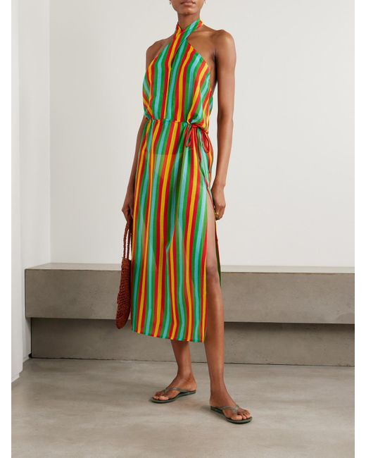 Lido Multicolor Striped Cotton And Silk-Blend Halterneck Midi Dress