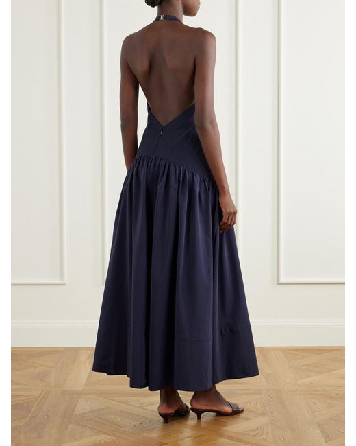 ALÉMAIS Blue Dillon Crystal-Embellished Appliquéd Embroidered Cotton-Blend Poplin Halterneck Maxi Dress