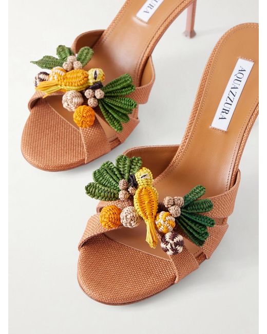 Aquazzura Brown Birdsong 75 Raffia Mules