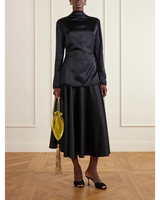 Abadia Black Pleated Cotton-Poplin Midi Skirt
