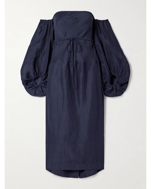 Rosie Assoulin Blue Off-The-Shoulder Taffeta Midi Dress