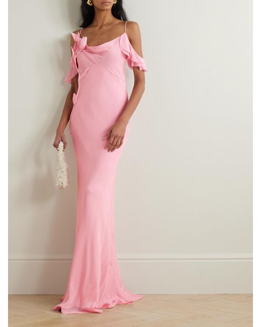 Self-Portrait Pink Appliquéd Ruffled Cold-Shoulder Georgette Maxi Dress