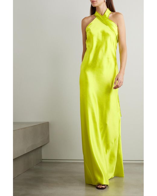 Galvan London Pandora Neon Satin Halterneck Gown in Yellow Lyst