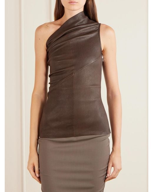 Rick Owens Brown Athena One-Shoulder Leather And Cotton-Blend Tank