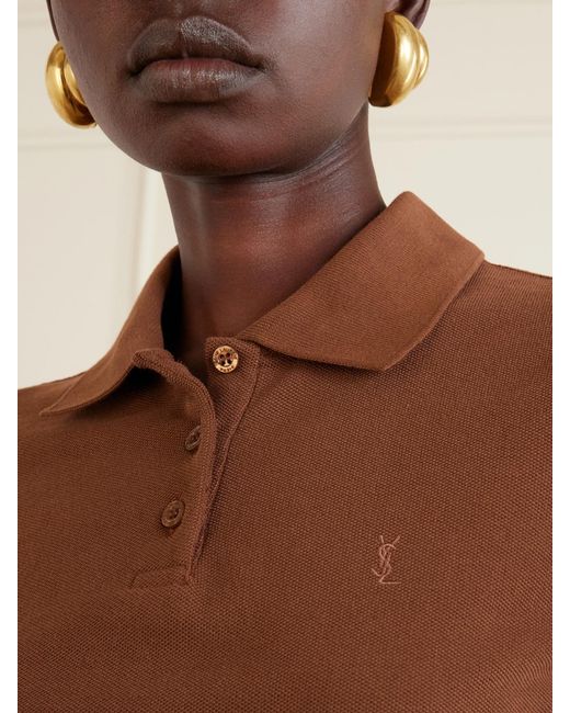 Saint Laurent Brown Cassandre-Embroidered Cropped Cotton-Piqué Polo Shirt