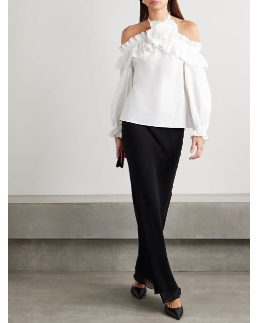 Carolina Herrera White Schulterfreie Neckholder-Bluse Aus Popeline Aus Einer Baumwollmischung Mit Rüschen Und Applikation