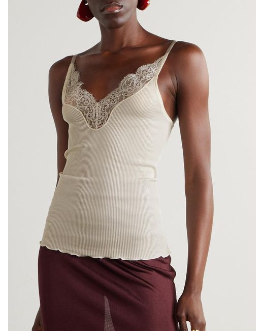 Saint Laurent Natural Lace-Trimmed Ribbed Silk-Jersey Tank Top