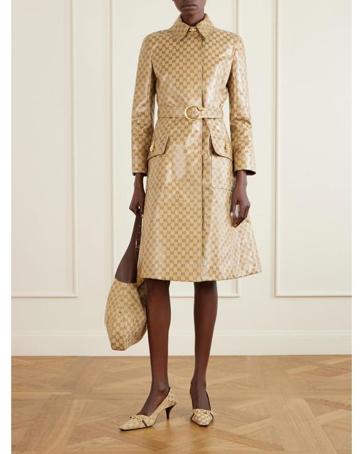 Gucci Natural Vittoria Collapsible-Heel Horsebit-Embellished Leather-Trimmed Canvas-Jacquard Pumps